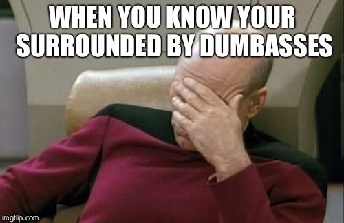 Captain Picard Facepalm | WHEN YOU KNOW YOUR SURROUNDED BY DUMBASSES | image tagged in memes,captain picard facepalm | made w/ Imgflip meme maker