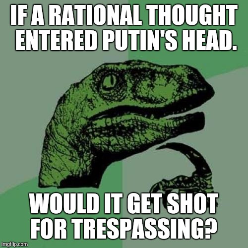 Philosoraptor Meme | IF A RATIONAL THOUGHT ENTERED PUTIN'S HEAD. WOULD IT GET SHOT FOR TRESPASSING? | image tagged in memes,philosoraptor | made w/ Imgflip meme maker