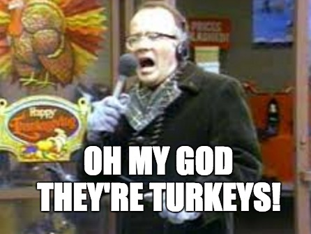 WKRP Turkey Drop | OH MY GOD THEY'RE TURKEYS! | image tagged in tv show,thanksgiving,turkey,turkey disapproves,holidays | made w/ Imgflip meme maker