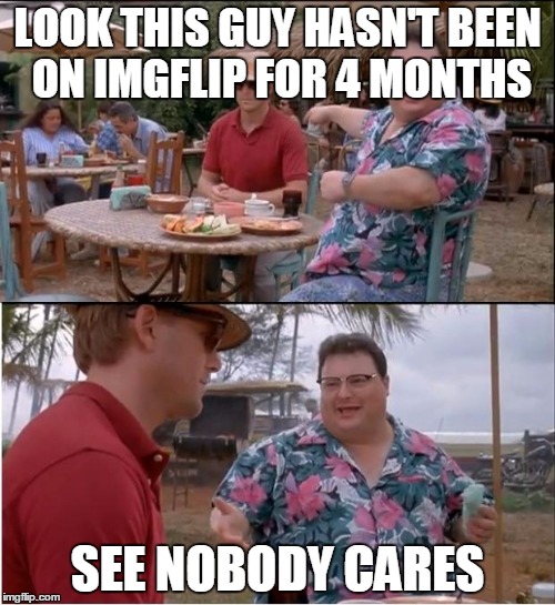 See Nobody Cares | LOOK THIS GUY HASN'T BEEN ON IMGFLIP FOR 4 MONTHS SEE NOBODY CARES | image tagged in memes,see nobody cares | made w/ Imgflip meme maker