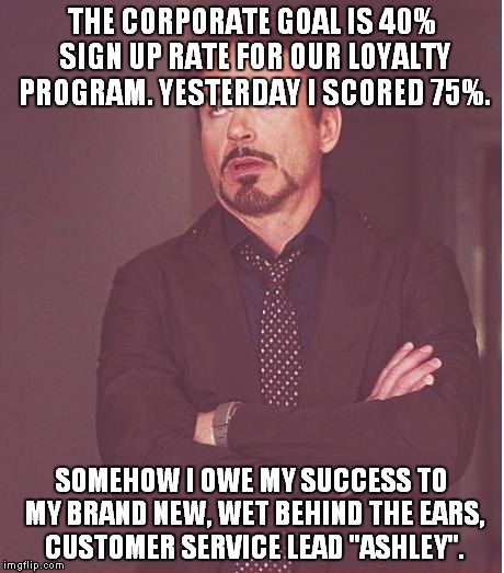 Face You Make Robert Downey Jr | THE CORPORATE GOAL IS 40% SIGN UP RATE FOR OUR LOYALTY PROGRAM. YESTERDAY I SCORED 75%. SOMEHOW I OWE MY SUCCESS TO MY BRAND NEW, WET BEHIND | image tagged in memes,face you make robert downey jr | made w/ Imgflip meme maker