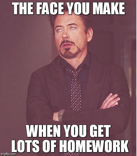 Face You Make Robert Downey Jr Meme | THE FACE YOU MAKE WHEN YOU GET LOTS OF HOMEWORK | image tagged in memes,face you make robert downey jr | made w/ Imgflip meme maker