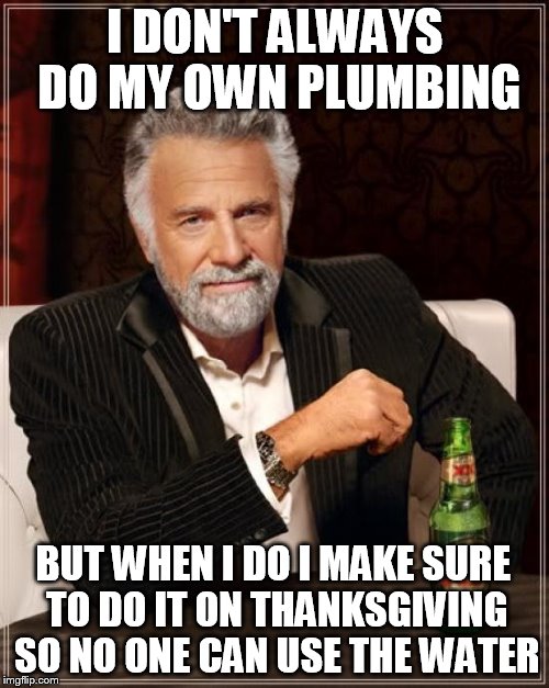 The Most Interesting Man In The World | I DON'T ALWAYS DO MY OWN PLUMBING BUT WHEN I DO I MAKE SURE TO DO IT ON THANKSGIVING SO NO ONE CAN USE THE WATER | image tagged in memes,the most interesting man in the world | made w/ Imgflip meme maker