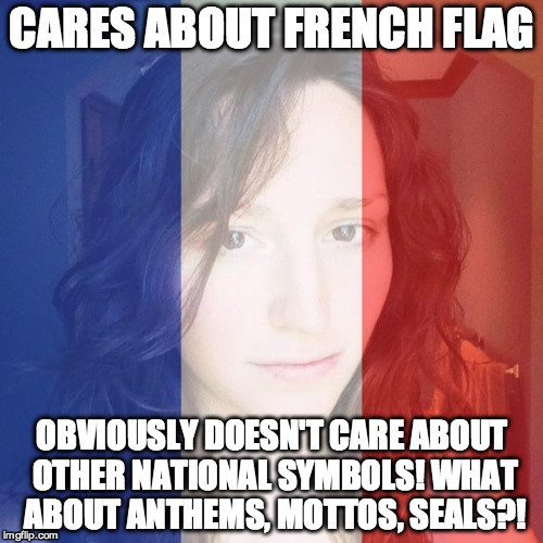 CARES ABOUT FRENCH FLAG OBVIOUSLY DOESN'T CARE ABOUT OTHER NATIONAL SYMBOLS! WHAT ABOUT ANTHEMS, MOTTOS, SEALS?! | made w/ Imgflip meme maker