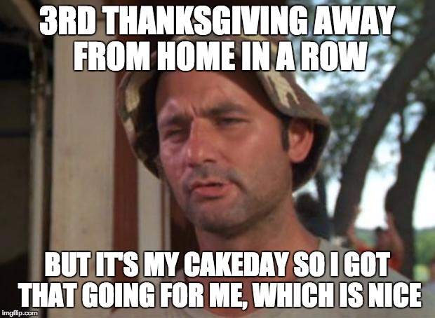 So I Got That Goin For Me Which Is Nice | 3RD THANKSGIVING AWAY FROM HOME IN A ROW BUT IT'S MY CAKEDAY SO I GOT THAT GOING FOR ME, WHICH IS NICE | image tagged in memes,so i got that goin for me which is nice,AdviceAnimals | made w/ Imgflip meme maker