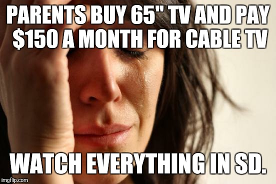 First World Problems | PARENTS BUY 65" TV AND PAY $150 A MONTH FOR CABLE TV WATCH EVERYTHING IN SD. | image tagged in memes,first world problems | made w/ Imgflip meme maker