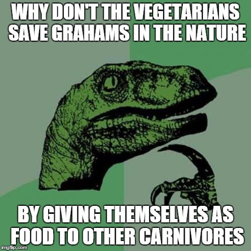 Philosoraptor Meme | WHY DON'T THE VEGETARIANS SAVE GRAHAMS IN THE NATURE BY GIVING THEMSELVES AS FOOD TO OTHER CARNIVORES | image tagged in memes,philosoraptor | made w/ Imgflip meme maker