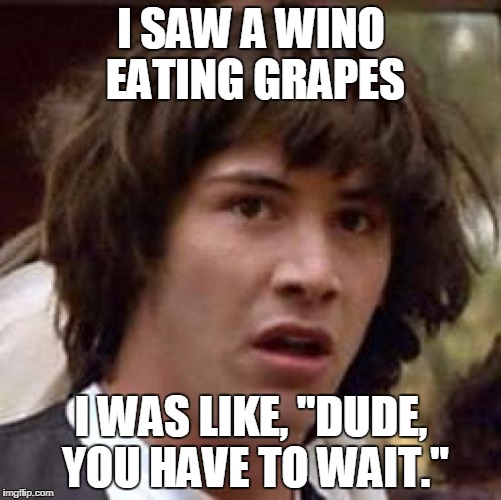 Conspiracy Keanu Meme | I SAW A WINO EATING GRAPES I WAS LIKE, "DUDE, YOU HAVE TO WAIT." | image tagged in memes,conspiracy keanu | made w/ Imgflip meme maker