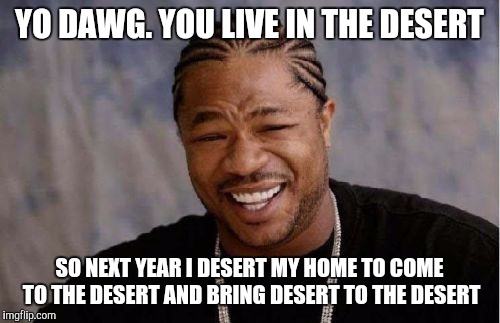 Yo Dawg Heard You Meme | YO DAWG. YOU LIVE IN THE DESERT SO NEXT YEAR I DESERT MY HOME TO COME TO THE DESERT AND BRING DESERT TO THE DESERT | image tagged in memes,yo dawg heard you | made w/ Imgflip meme maker