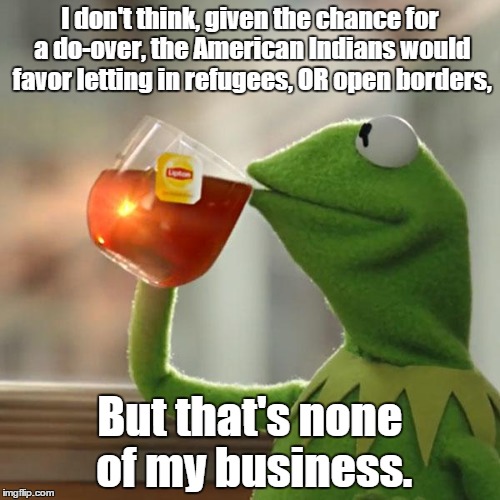 American Indians and open borders | I don't think, given the chance for a do-over, the American Indians would favor letting in refugees, OR open borders, But that's none of my  | image tagged in memes,but thats none of my business,kermit the frog,indian,refugees,open borders | made w/ Imgflip meme maker