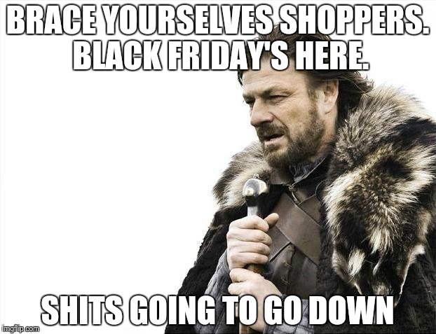 Brace Yourselves X is Coming | BRACE YOURSELVES SHOPPERS. BLACK FRIDAY'S HERE. SHITS GOING TO GO DOWN | image tagged in memes,brace yourselves x is coming | made w/ Imgflip meme maker