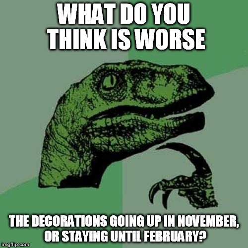 The Festive Season | WHAT DO YOU THINK IS WORSE THE DECORATIONS GOING UP IN NOVEMBER, OR STAYING UNTIL FEBRUARY? | image tagged in memes,philosoraptor,christmas,christmas lights,decorating | made w/ Imgflip meme maker