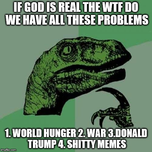 Philosoraptor Meme | IF GOD IS REAL THE WTF DO WE HAVE ALL THESE PROBLEMS 1. WORLD HUNGER
2. WAR
3.DONALD TRUMP
4. SHITTY MEMES | image tagged in memes,philosoraptor | made w/ Imgflip meme maker