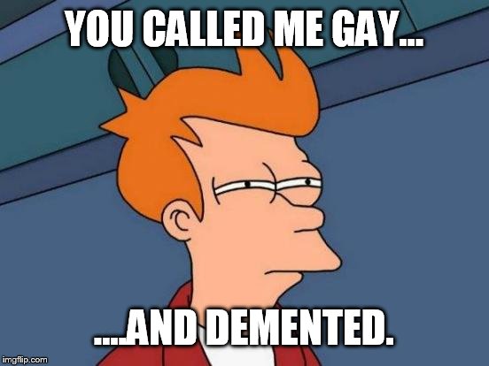 Futurama Fry Meme | YOU CALLED ME GAY... ....AND DEMENTED. | image tagged in memes,futurama fry | made w/ Imgflip meme maker