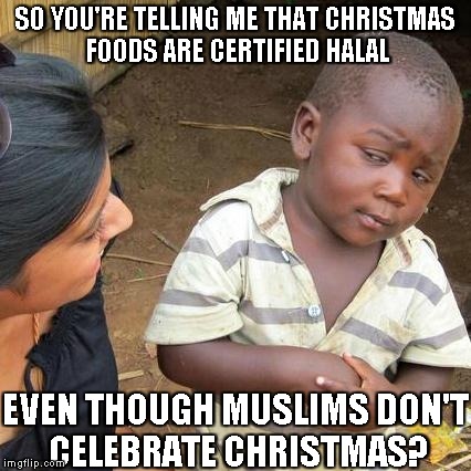 Even this kid gets it... | SO YOU'RE TELLING ME THAT CHRISTMAS FOODS ARE CERTIFIED HALAL EVEN THOUGH MUSLIMS DON'T CELEBRATE CHRISTMAS? | image tagged in memes,third world skeptical kid,halal,muslim,islam,tax | made w/ Imgflip meme maker