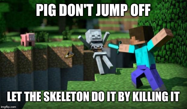 minecraft swordsman  | PIG DON'T JUMP OFF LET THE SKELETON DO IT BY KILLING IT | image tagged in minecraft swordsman  | made w/ Imgflip meme maker