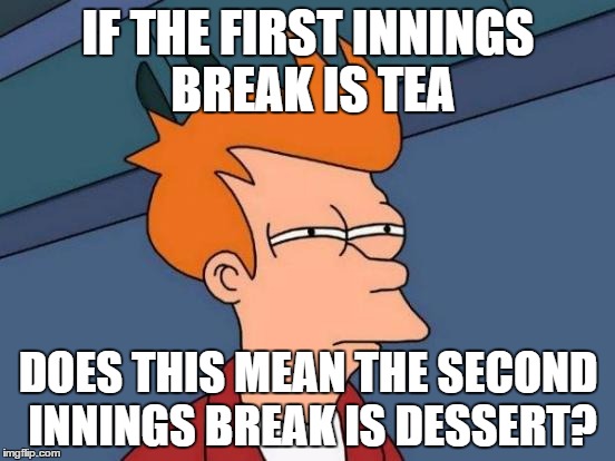 Futurama Fry | IF THE FIRST INNINGS BREAK IS TEA DOES THIS MEAN THE SECOND INNINGS BREAK IS DESSERT? | image tagged in memes,futurama fry | made w/ Imgflip meme maker