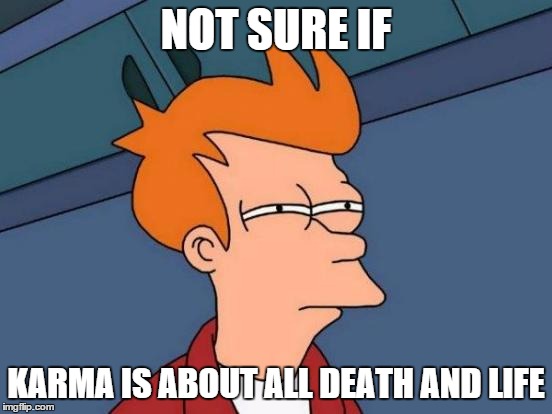 Futurama Fry Meme | NOT SURE IF KARMA IS ABOUT ALL DEATH AND LIFE | image tagged in memes,futurama fry | made w/ Imgflip meme maker