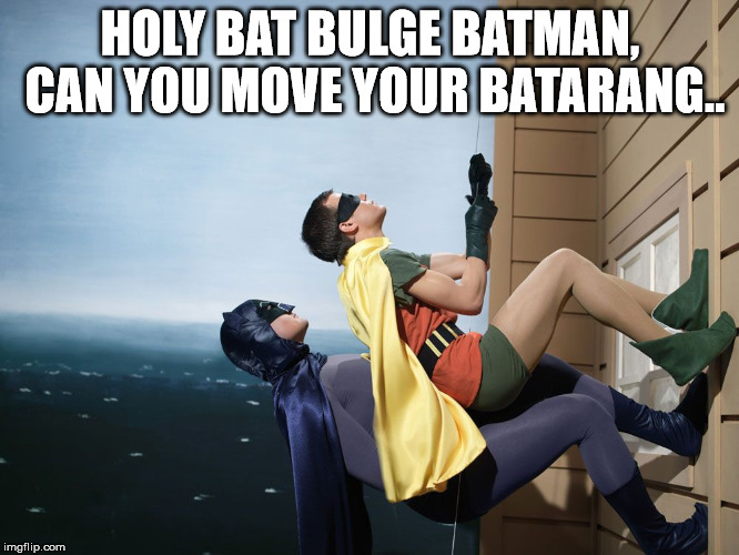batman and robin climbing a building | HOLY BAT BULGE BATMAN, CAN YOU MOVE YOUR BATARANG.. | image tagged in batman and robin climbing a building | made w/ Imgflip meme maker
