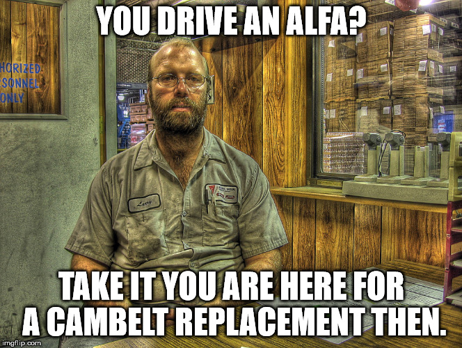 Larry the Mechanic | YOU DRIVE AN ALFA? TAKE IT YOU ARE HERE FOR A CAMBELT REPLACEMENT THEN. | image tagged in larry the mechanic | made w/ Imgflip meme maker