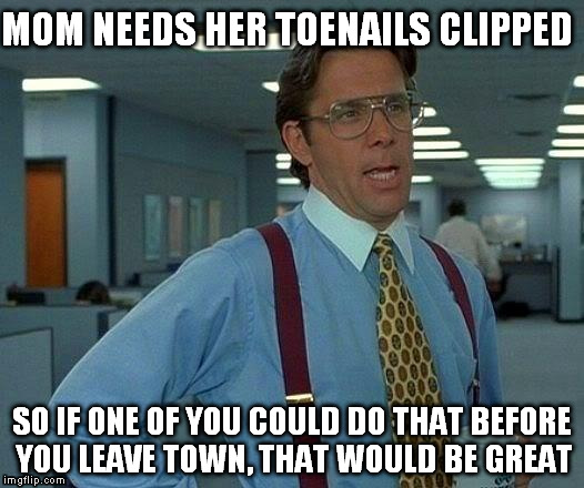 Thanksgiving message to departing relatives | MOM NEEDS HER TOENAILS CLIPPED SO IF ONE OF YOU COULD DO THAT BEFORE YOU LEAVE TOWN, THAT WOULD BE GREAT | image tagged in memes,that would be great | made w/ Imgflip meme maker