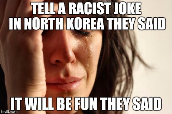 First World Problems Meme | TELL A RACIST JOKE IN NORTH KOREA THEY SAID IT WILL BE FUN THEY SAID | image tagged in memes,first world problems | made w/ Imgflip meme maker