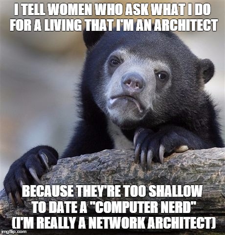 Confession Bear | I TELL WOMEN WHO ASK WHAT I DO FOR A LIVING THAT I'M AN ARCHITECT BECAUSE THEY'RE TOO SHALLOW TO DATE A "COMPUTER NERD" (I'M REALLY A NETWOR | image tagged in memes,confession bear,AdviceAnimals | made w/ Imgflip meme maker