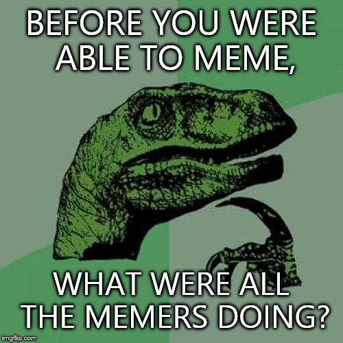 Philosoraptor | BEFORE YOU WERE ABLE TO MEME, WHAT WERE ALL THE MEMERS DOING? | image tagged in memes,philosoraptor | made w/ Imgflip meme maker