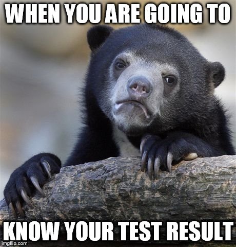 Confession Bear | WHEN YOU ARE GOING TO KNOW YOUR TEST RESULT | image tagged in memes,confession bear | made w/ Imgflip meme maker