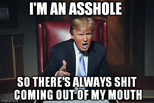 Donald Trump You're Fired | I'M AN ASSHOLE SO THERE'S ALWAYS SHIT COMING OUT OF MY MOUTH | image tagged in donald trump you're fired,memes,donald trump,donald trump no2,donald trump pointing,donald trump approves | made w/ Imgflip meme maker