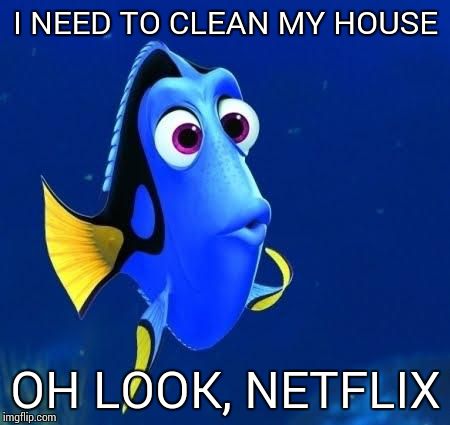 dory forgets | I NEED TO CLEAN MY HOUSE OH LOOK, NETFLIX | image tagged in dory forgets | made w/ Imgflip meme maker