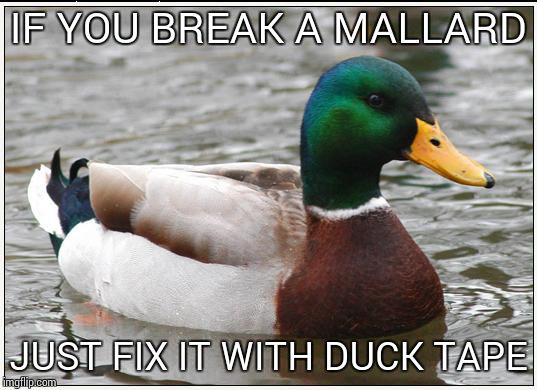 Actual Advice Mallard | IF YOU BREAK A MALLARD JUST FIX IT WITH DUCK TAPE | image tagged in memes,actual advice mallard | made w/ Imgflip meme maker