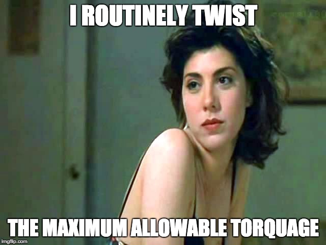 I ROUTINELY TWIST THE MAXIMUM ALLOWABLE TORQUAGE | image tagged in my cousin vinny,marisa tomei,mona lisa vito,torque | made w/ Imgflip meme maker