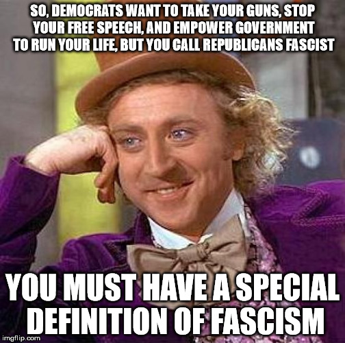 Creepy Condescending Wonka Meme | SO, DEMOCRATS WANT TO TAKE YOUR GUNS, STOP YOUR FREE SPEECH, AND EMPOWER GOVERNMENT TO RUN YOUR LIFE, BUT YOU CALL REPUBLICANS FASCIST YOU M | image tagged in memes,creepy condescending wonka | made w/ Imgflip meme maker