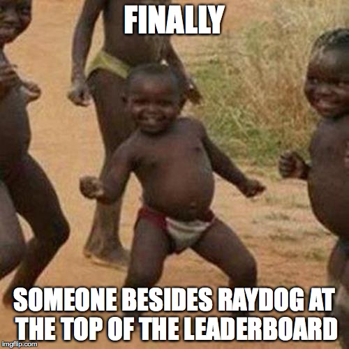 Not trying to be rude, I just noticed this... | FINALLY SOMEONE BESIDES RAYDOG AT THE TOP OF THE LEADERBOARD | image tagged in memes,third world success kid | made w/ Imgflip meme maker