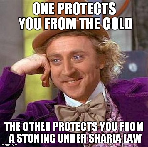 Creepy Condescending Wonka Meme | ONE PROTECTS YOU FROM THE COLD THE OTHER PROTECTS YOU FROM A STONING UNDER SHARIA LAW | image tagged in memes,creepy condescending wonka | made w/ Imgflip meme maker