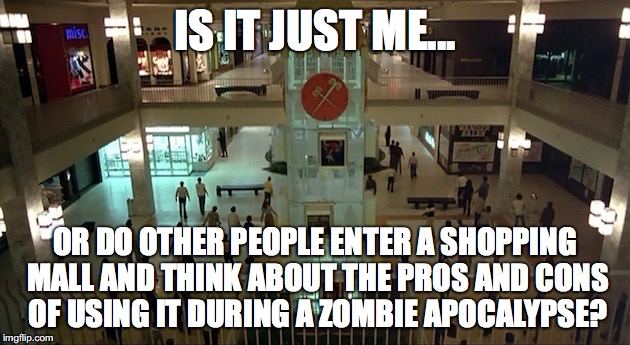 IS IT JUST ME... OR DO OTHER PEOPLE ENTER A SHOPPING MALL AND THINK ABOUT THE PROS AND CONS OF USING IT DURING A ZOMBIE APOCALYPSE? | image tagged in dotd | made w/ Imgflip meme maker