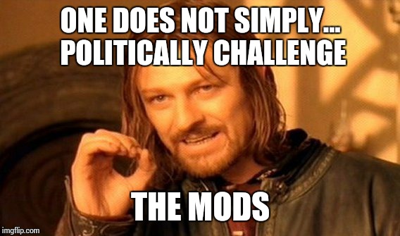 One Does Not Simply Meme | ONE DOES NOT SIMPLY... POLITICALLY CHALLENGE THE MODS | image tagged in memes,one does not simply | made w/ Imgflip meme maker
