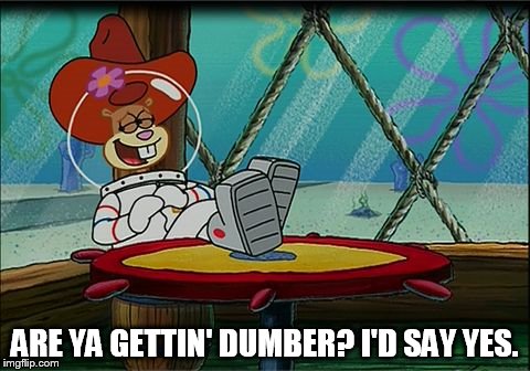 Sandy Cheeks - Are Ya Gettin' Dumber? | ARE YA GETTIN' DUMBER? I'D SAY YES. | image tagged in sandy cheeks,spongebob squarepants,memes,cowboy hat,dumb,squirrel | made w/ Imgflip meme maker