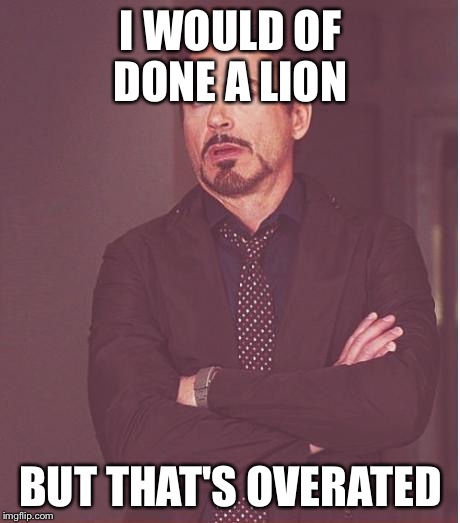 Face You Make Robert Downey Jr Meme | I WOULD OF DONE A LION BUT THAT'S OVERATED | image tagged in memes,face you make robert downey jr | made w/ Imgflip meme maker