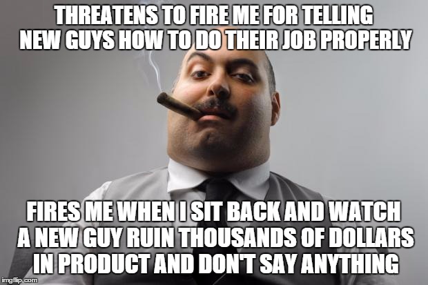Scumbag Boss Meme | THREATENS TO FIRE ME FOR TELLING NEW GUYS HOW TO DO THEIR JOB PROPERLY FIRES ME WHEN I SIT BACK AND WATCH A NEW GUY RUIN THOUSANDS OF DOLLAR | image tagged in memes,scumbag boss,AdviceAnimals | made w/ Imgflip meme maker