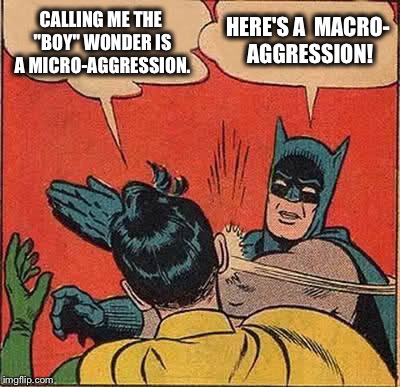 Batman Slapping Robin Meme | CALLING ME THE "BOY" WONDER IS A MICRO-AGGRESSION. HERE'S A 
MACRO- AGGRESSION! | image tagged in memes,batman slapping robin | made w/ Imgflip meme maker