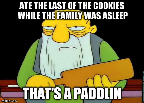 I do this all the time. Luckily I'm the only one with a paddle :-D  | ATE THE LAST OF THE COOKIES WHILE THE FAMILY WAS ASLEEP THAT'S A PADDLIN | image tagged in that's a paddlin' | made w/ Imgflip meme maker