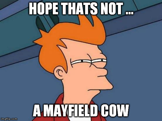 Futurama Fry Meme | HOPE THATS NOT ... A MAYFIELD COW | image tagged in memes,futurama fry | made w/ Imgflip meme maker