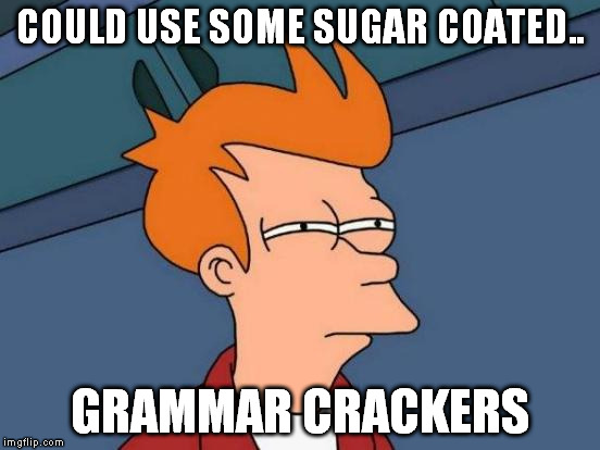 Futurama Fry Meme | COULD USE SOME SUGAR COATED.. GRAMMAR CRACKERS | image tagged in memes,futurama fry | made w/ Imgflip meme maker