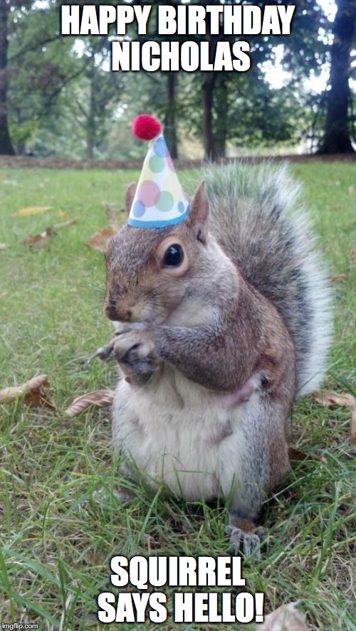 Super Birthday Squirrel Meme | HAPPY BIRTHDAY NICHOLAS SQUIRREL SAYS HELLO! | image tagged in memes,super birthday squirrel | made w/ Imgflip meme maker
