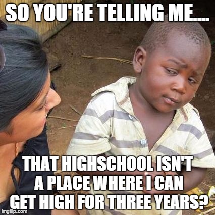 Third World Skeptical Kid | SO YOU'RE TELLING ME.... THAT HIGHSCHOOL ISN'T A PLACE WHERE I CAN GET HIGH FOR THREE YEARS? | image tagged in memes,third world skeptical kid | made w/ Imgflip meme maker