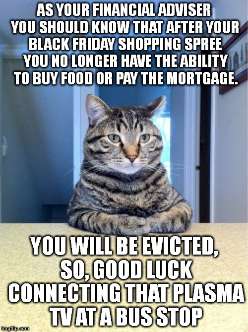 Take A Seat Cat | AS YOUR FINANCIAL ADVISER YOU SHOULD KNOW THAT AFTER YOUR BLACK FRIDAY SHOPPING SPREE YOU NO LONGER HAVE THE ABILITY TO BUY FOOD OR PAY THE  | image tagged in memes,take a seat cat,broke,bankruptcy,money,the day after | made w/ Imgflip meme maker