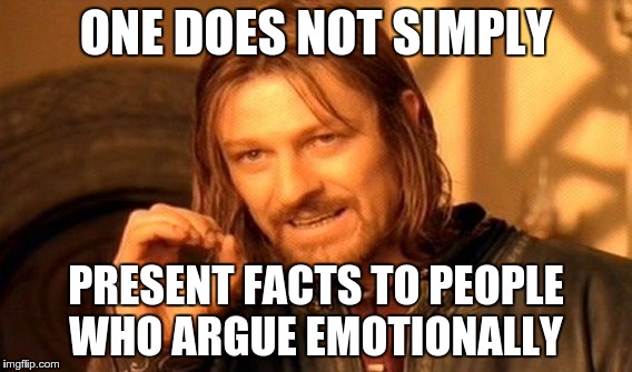 One Does Not Simply Meme | ONE DOES NOT SIMPLY PRESENT FACTS TO PEOPLE WHO ARGUE EMOTIONALLY | image tagged in memes,one does not simply | made w/ Imgflip meme maker