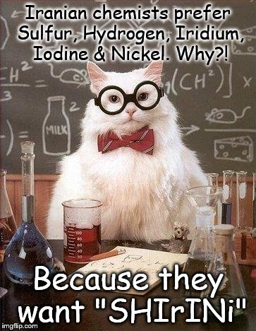 Iranian Chemists! | Iranian chemists prefer Sulfur, Hydrogen, Iridium, Iodine & Nickel. Why?! Because they want "SHIrINi" | image tagged in chemistry cat,funny,chemistry,elements | made w/ Imgflip meme maker